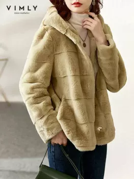 Шуба Vimly из искусственного меха с капюшоном для женщин, зима 2023, модная Роскошная теплая пушистая Меховая куртка на пуговицах, пальто, женская одежда 50386
