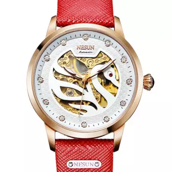 Швейцарский люксовый бренд NESUN, автоматические механические кожаные женские часы с бриллиантами, водонепроницаемые часы в форме скелета и лебедя N9301