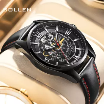 Швейцарский роскошный бренд SOLLEN автоматические механические мужские часы светящиеся водонепроницаемые двойные скелетоны кожа часы с ремешками SL615