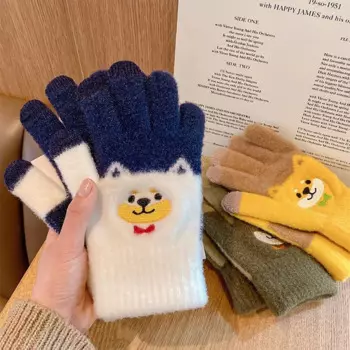 Симпатичные пушистые перчатки с мультяшной собакой, женские зимние теплые перчатки для сенсорного экрана с вышивкой Шиба, шерстяные Мягкие вязаные рукавицы на запястье для девушек
