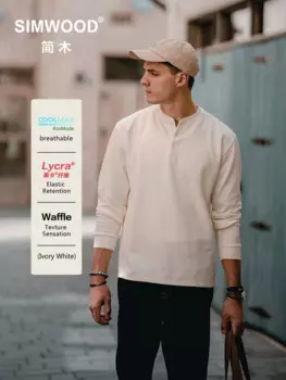 SIMWOOD, новинка осени 2024, стандартный крой, 250 г/м2, крутая ткань, вафельные футболки с длинными рукавами и воротником Генри, пуловеры больших размеров, топ