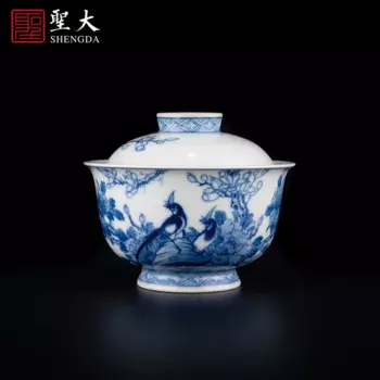 Сине-белая чайная чашка yulan double yuan с ручной росписью