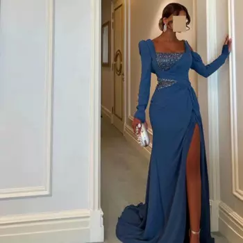 Синее вечернее платье для выпускного вечера с нерегулярным квадратным вырезом, трикотажное платье с высоким разрезом и шлейфом, сексуальные вечерние платья с открытой спиной, женское вечернее платье