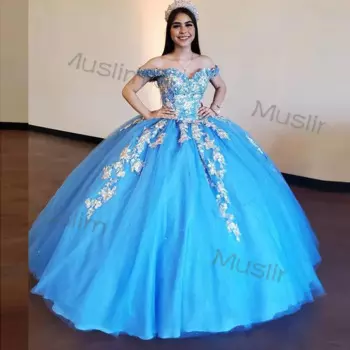 Синие аппликации Quinceanera платья с открытыми плечами блестящее корсетное платье на день рождения для 15, конкурс Quinceanera по индивидуальному заказу