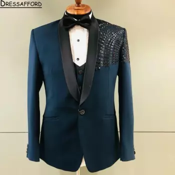 Синие Блестящие блейзеры со стразами, мужские костюмы, модные банкетные деловые костюмы из 2 предметов, куртка, брюки