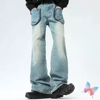 Синие джинсы на молнии с карманами, модные уличные мужские и женские крутые потертые повседневные брюки Cleanfit для мальчиков, Размер 2XL