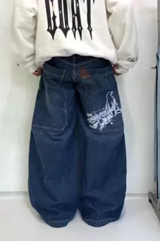 Синие мешковатые джинсы с большим карманом в стиле хип-хоп, дизайн Sense, готические прямые широкие брюки с прямыми штанинами, повседневные брюки с высокой талией