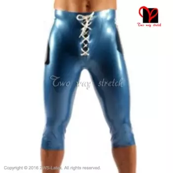 Синие с белыми полосками латексные Длинные боксеры шорты со шнуровкой спереди резиновые горячие брюки