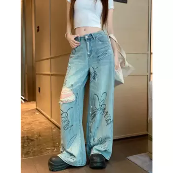 Синие женские джинсы Y2K, Модные Винтажные рваные джинсы-карго в стиле хип-хоп с высокой талией, уличная одежда, повседневные свободные джинсовые брюки с широкими штанинами и карманами