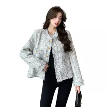 Синий твидовый жакет из металлической проволочной ткани, новое шерстяное пальто весна/осень/зима, новая шерстяная классическая куртка, женский топ