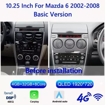 SINOSMART Android экран для Mazda 6 Mazda6 Atenza 2002–2008 GG GY 10.25", Навигация, Поддержка Bose, Сохраняет оригинальное радио и CD, Беспроводной CarPlay, Android Auto