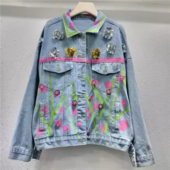 Синяя джинсовая куртка с блестками и цветочным принтом, ручная роспись, граффити, осенняя женская повседневная джинсовая куртка с длинными рукавами и лацканами