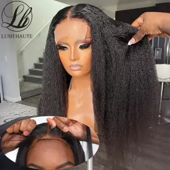 Синтетический бесклеевой парик Wear and Go Kinky Straight 4x4 Парики с застежкой на шнуровке Модернизированные без клея HD Yaki Прямые парики с кружевной передней частью