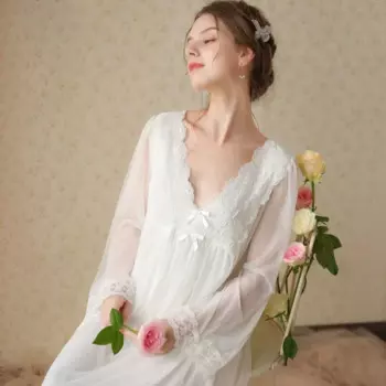 Сказочное белое сетчатое ночное платье женское весенне-осеннее сексуальное кружевное пеньюар викторианское винтажное длинное ночное платье принцессы ночная рубашка