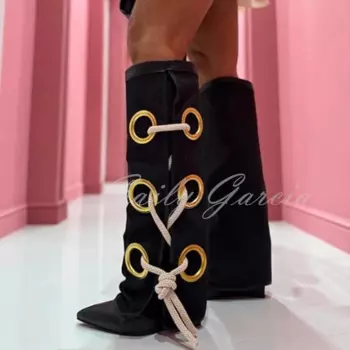 Складные сапоги до колена с золотыми кругами на танкетке, толстая веревка, сексуальные женские зимние модные длинные ботильоны на высоком каблуке с острым носком