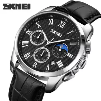 SKMEI кварцевые часы модные Роскошные наручные часы с кожаным ремешком календарь Секундомер Мужские часы Луна фазы кварцевые наручные часы