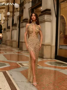 Скромное вечернее платье с высоким воротником и открытыми плечами, блестящее платье для выпускного вечера с хрустальными бусинами, роскошное коктейльное платье по индивидуальному заказу Robe De Marie