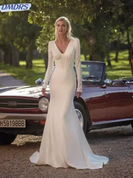 Скромный халат невесты с v-образным вырезом и длинными рукавами, классическое атласное свадебное платье, простое элегантное длинное свадебное платье русалки Robe De Marie