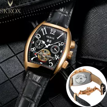 SKROX Роскошные бренды Автоматические турбийоны Скелет Натуральные мужские часы Механические полевые мужские наручные часы Винтажные реплики часов