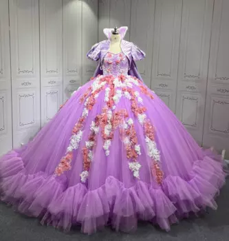Сиреневое платье Quinceanera без рукавов с рюшами Vestidos De XV Anos, милые платья с 3D цветами 15, накидка