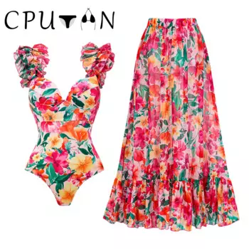 Слитный купальник CPUTAN 2024, юбка на плечо, бикини с оборками, купальник с цветочным принтом, Женский облегающий купальный костюм, пляжная одежда, юбка