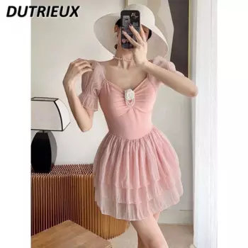 Слитный купальник для девушек в стиле принцессы для отпуска, Женский Летний Новый Популярный весенний розовый купальный костюм с коротким рукавом