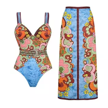 Слитный купальник и юбка с синим поясом с принтом 2024, купальный костюм, распродажа