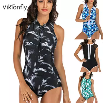 Слитный купальник Vikionfly на молнии, женский спортивный односекционный купальник с набивкой и принтом, женский купальный костюм, купальный костюм для серфинга и плавания, 2023