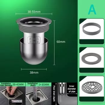 Сливной сердечник для пола U-образный дезодорирующий туалет, ванная комната, душ, глубокое водяное уплотнение, канализационный сливной сливной сердечник из нержавеющей стали 304.