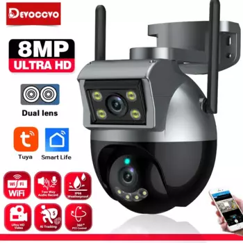 Smart Life 4K 8MP Dual Lens PTZ WIFI Камера безопасности Двойной экран Ai Автоматическое отслеживание человека Открытая 4-мегапиксельная IP-камера видеонаблюдения
