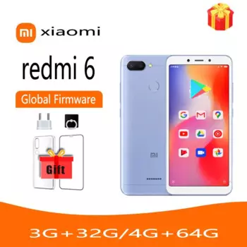Смартфон Xiaomi Redmi 6 с глобальной прошивкой, 4G, 64G, Google Play, полный экран 5,45 дюйма, искусственная кожа, ИИ-лицо, 3 ГБ, 32 ГБ, б/у телефон