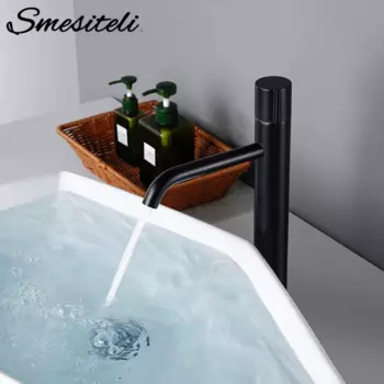 Смеситель для умывальника Smesiteli, черный матовый смеситель для ванной комнаты с одним отверстием для горячей и холодной воды с поворотной ручкой