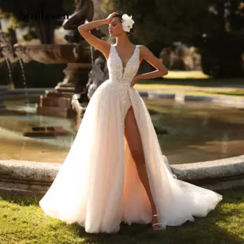 Smileven, женские свадебные платья цвета шампанского с V-образным вырезом, трапециевидные Свадебные платья без рукавов с разрезом сбоку, женское платье