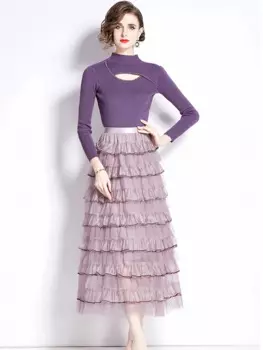 SMTHMA новый осенне-зимний комплект из двух предметов, роскошный женский вязаный свитер с бусинами, топы + модные сетчатые костюмы с длинной юбкой с оборками