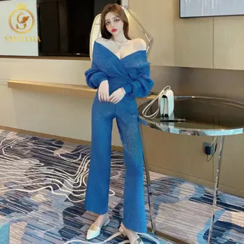 SMTHMA/новый осенне-зимний комплект из двух предметов, Яркий шелковый топ с v-образным вырезом и рукавами «летучая мышь» + широкие брюки с высокой талией, вязаный костюм