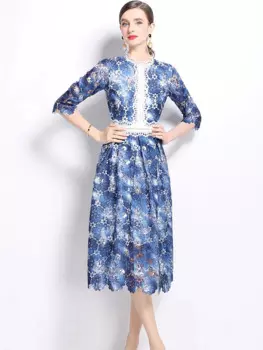 SMTHMA винтажное кружевное ажурное платье для подиума для женщин, осенне-весеннее тонкое элегантное платье миди с круглым вырезом и половиной рукава