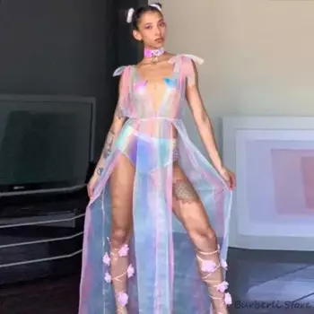 Соблазнительное Радужное платье из тюля для женщин, Длинное разноцветное платье с V-образным вырезом и высоким разрезом, выполненное по индивидуальному заказу, женское платье