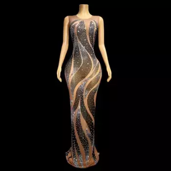 Соблазнительное серебристое искусственное прозрачное длинное платье без рукавов для празднования дня рождения, женский костюм, вечерний танцевальный костюм