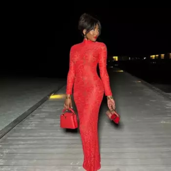 Индивидуальные Сексуальные Длинные Красные кружевные вечерние платья с высоким воротником с длинным рукавом облегающие длинные наряды в пол