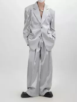 Собранный металлический костюм с подплечниками, простой костюм с широкими прямыми штанинами