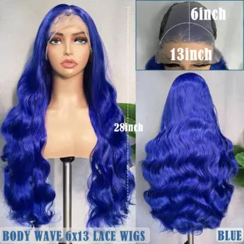 SOKU Body Wave 6x13 синтетический кружевной передний парик синего цвета пушистый мягкий шелковистый парик для черных женщин 28 дюймов предварительно выщипанный с детскими волосами
