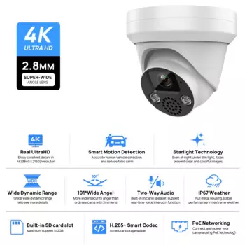 Совместимая с Hikvision 5MP/8MP 30m ИК-камера видеонаблюдения с турелью, двусторонняя связь, обнаружение людей/транспортных средств, SD-карта H.265 + IP67 WDR
