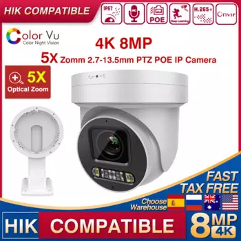 Совместимая с Hikvision IP-камера ColorVu PTZ 4K 8MP с 5-кратным зумом, двустороннее аудио, слот для SD-карты, сетевая камера наблюдения, приложение, удаленное управление
