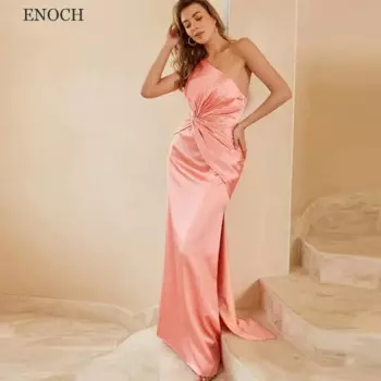 Современные платья на одно плечо ENOCH для подружек невесты с Боковым Разрезом атласные плиссированные вечерние платья без рукавов Vestidos De Fiesta высокое качество