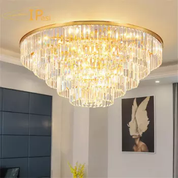 Современный хрустальный потолочный светильник, светодиодный круглый роскошный подвесной светильник для фойе, гостиная, хрустальный подвесной золотой, черный светильник с беспроводным управлением