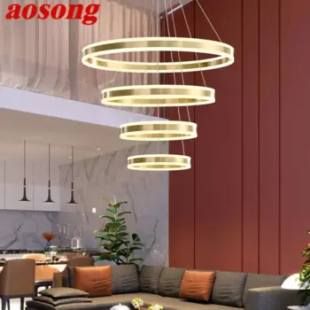 Современный латунный подвесной светильник AOSONG с кольцсветодиодный, 3 цвета, медная люстра, декоративные светильники для дома