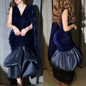 Современный стиль с v-образным вырезом и раструбом/русалкой, плиссированные драпированные до щиколотки, велюровые вечерние платья на заказ