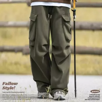 Спецодежда с широкими штанинами для мужчин, повседневные однотонные уличные штаны с большими карманами для парашютеров, мягкие хлопковые брюки с кулиской и карманами, Осень-зима