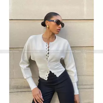 Spice Girls Шикарный нишевый кардиган с круглым вырезом и волнистыми краями, потайные пуговицы, ребристый вязаный кардиган с длинными рукавами, женский