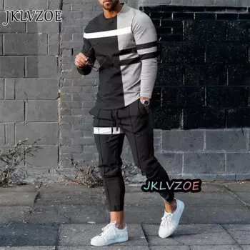 Спортивный костюм мужской из 2 предметов, футболка с длинным рукавом и 3d принтом, брюки, Повседневная Уличная одежда, большие размеры